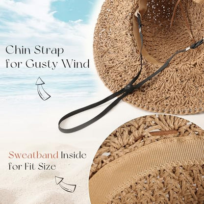 Beach Sun Hats for Women, Wide Brim Straw Hat, UPF 50+ UV Protection - color: Khaki-string