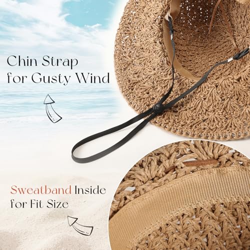 Beach Sun Hats for Women, Wide Brim Straw Hat, UPF 50+ UV Protection - color: Khaki-string