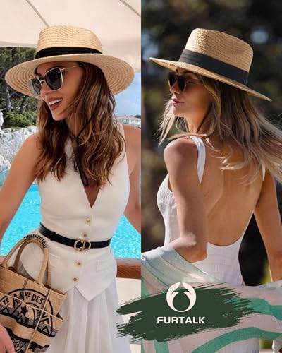 FURTALK Raffia Straw Sun Hat Wide Brim Fedora Panama Hat for Women Men - size: Medium-Large