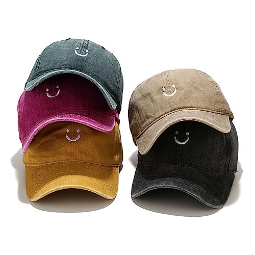 Smile Face Baseball Cap, Vintage Distressed Cotton Dad Hat for Women Men - color: Retro Rose