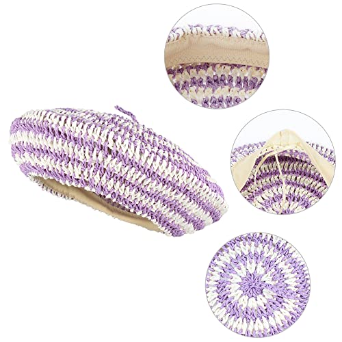 Women Summer Straw Woven Sunhat Classic Beret Artist Painter Sun Hat Cap - color: Stripes Purple