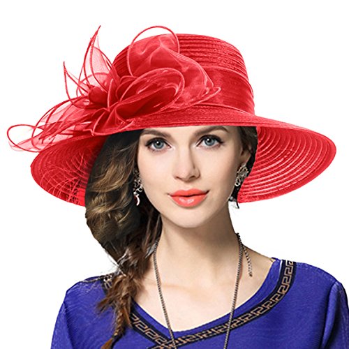 Kentucky Church Derby Dress Cloche Hat Sweet Cute Floral Bucket Hats - color: Leaf-red