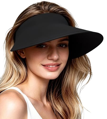Women's Seamless Sun Visor Hat, Extra-Wide Brim, Ponytail & Bun Friendly - color: Black02