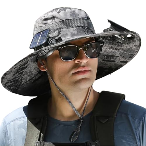 Outdoor Wide Brim Sun Hat with 2 Solar Fan Sun Bucket Hat for Men Women UPF 50+ Bucket Fishing & Beach Hat with Fan Built in - color: Camouflage Gray