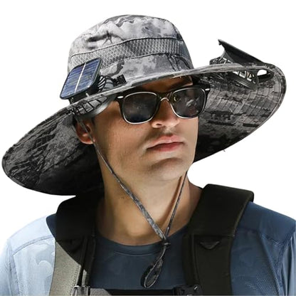 Outdoor Wide Brim Sun Hat with 2 Solar Fan Sun Bucket Hat for Men Women UPF 50+ Bucket Fishing & Beach Hat with Fan Built in - color: Camouflage Gray