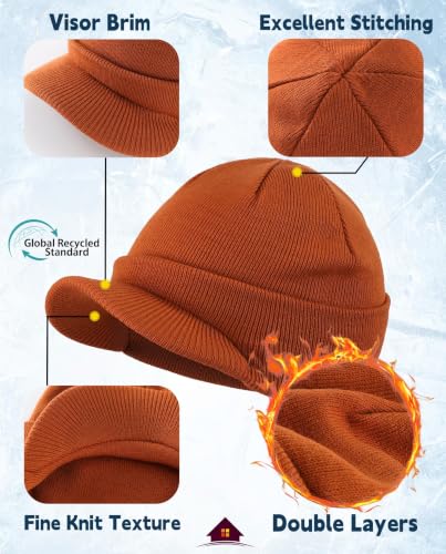 Home Prefer Men's Winter Beanie Hat with Brim Warm Double Knit Cuff Beanie Cap Watch Radar Hat - color: Pumpkin