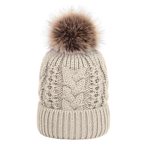 TOPTIE Slouchy Knit Beanie Hat for Women Faux Fur Pom Pom Fleece Lined - color: Beige