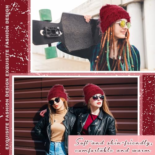 Chuarry Distressed Knitted Beanie Fuzzy Winter Hat - color: Claret