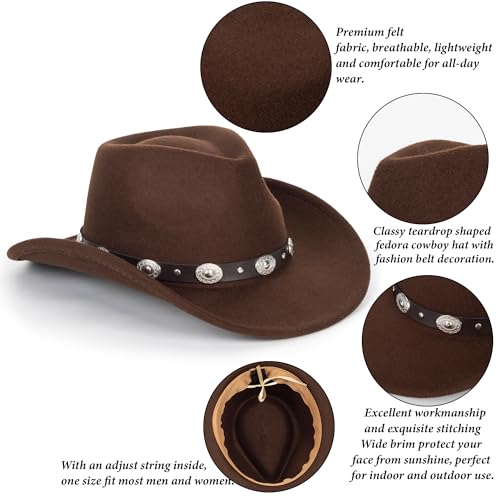 Women-Men Felt-Western-Cowboy Hat-Classic Brim Belt Buckle Cowgirl Fedora M - color: Coffee