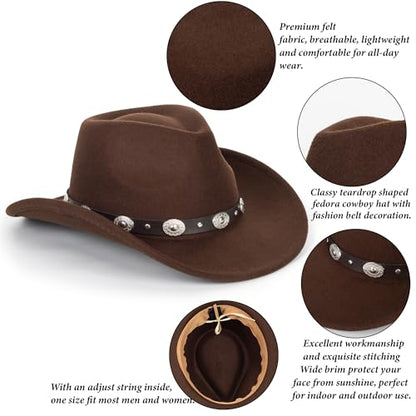 Women-Men Felt-Western-Cowboy Hat-Classic Brim Belt Buckle Cowgirl Fedora M - color: Coffee
