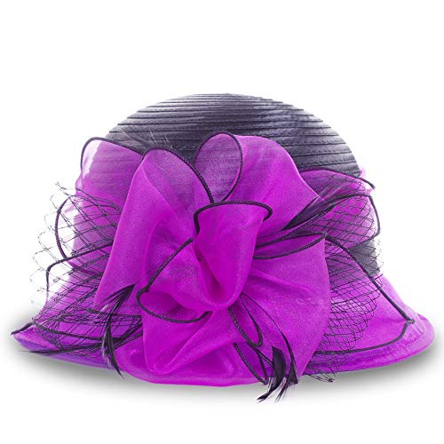 Women Two-Tone Tea Party Dress Bowler Cloche Bucket Derby Church Hat - color: Purple