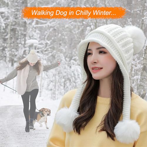 HUAMULAN Women Winter Knit Beanie Hat Circle Scarf Set Pompoms Ear Flaps - color: White Solid