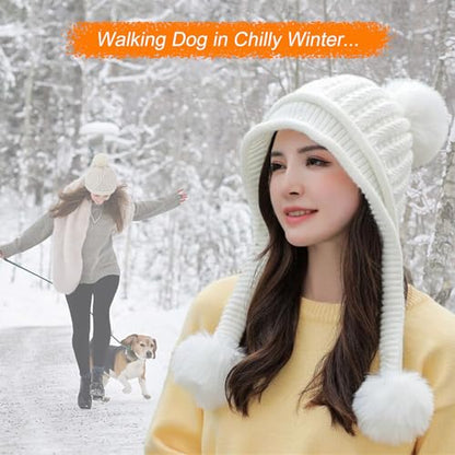 HUAMULAN Women Winter Knit Beanie Hat Circle Scarf Set Pompoms Ear Flaps - color: White Solid