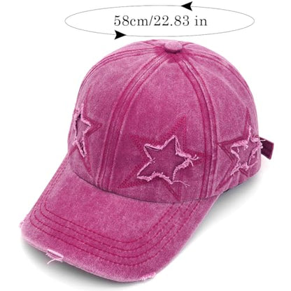 Retro Washed Distressed Baseball Cap with Five Pointed Stars for Women Men - color: Rose Red