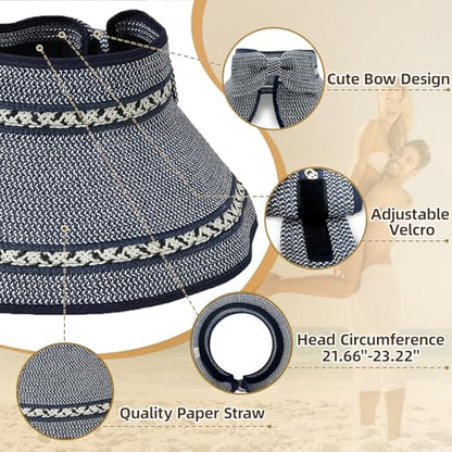 Sun Hats for Women Wide Brim Straw Sun Visors Ponytail Hat - color: Blue Mix