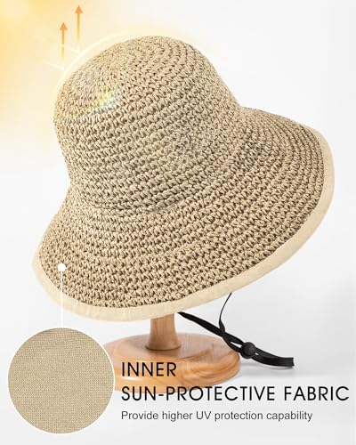 Sun Hats for Women, Summer Beach Straw Wide Brim Bucket Hat - color: Beige, size: Large