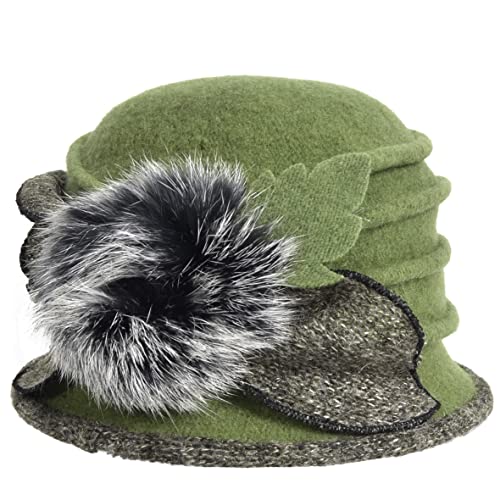 Women's Wool Dress Church Cloche Hat Bucket Winter Floral Hat - color: Green