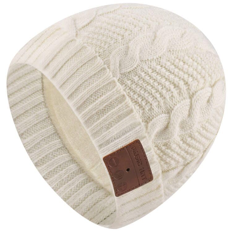 Wireless Music Hat Men Women Beanie Girls Hat Over Ear Headset Sports Stereo Headphone with Microphone Speaker Womens Beanie Cap - color: Knit White