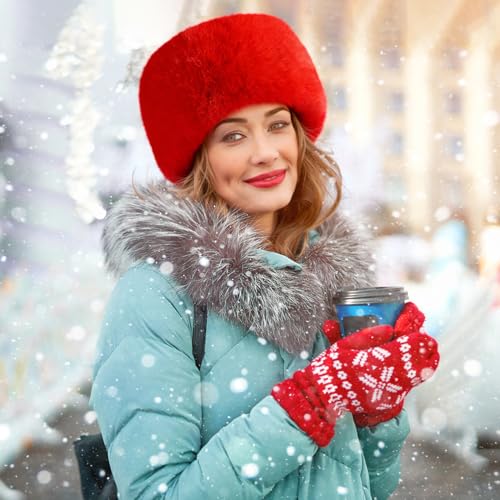 Peicees Winter Faux Fur Hat for Women Russian Style Ladies Ushanka Warm Fluffy Bucket Hat Fuzzy Furry Cap - color: Red