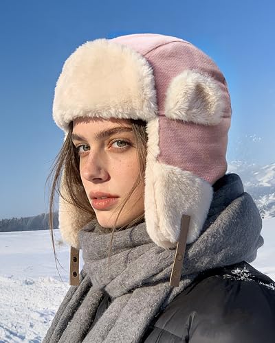 Croogo Cold Weather Eskimo Hats Trapper Hat Winter Thick Furry Ushanka Russian Hat Windproof Ski Trooper Hat with Ear Flap - color: Pl18-pink