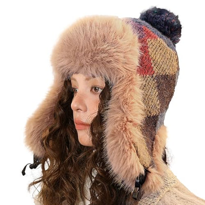 Women's Colorful Knit Trapper Hat with Faux Fur Ear Flaps & Pom Pom,Warm Winter Beanie Hat, Windproof Snow Skull Caps - color: Colorful-blue