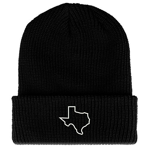 Trendy Apparel Shop Texas State Outline Embroidered Ribbed Cuffed Knit Beanie - color: Black