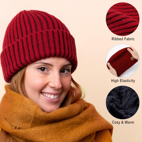 HONGTEYA 3 Pack Winter Beanie for Men Women, Thicken Thermal Plush Lined Beanie Fashion Warm Knit Hat for Cold Weather - color: Black+gray+wine Red