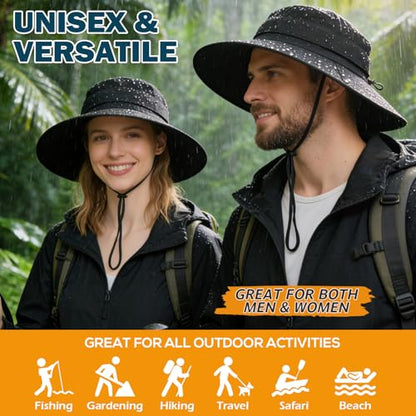 Men's UPF 50+ Waterproof Wide Brim Boonie Hat, Sun & Rain Protection - color: Black