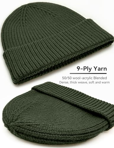 vidsel 50% Wool Thick Beanie Hat Men Women, Seamless Cuffed Winter Knit Cap - color: 1pcs Army Green