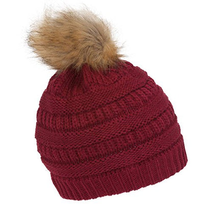 Gravity Threads Cable Knit Faux Fur Pom Pom Beanie Hat - color: Burgundy
