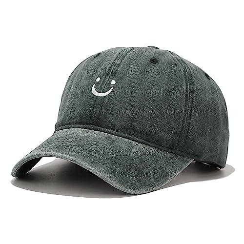 Smile Face Baseball Cap, Vintage Distressed Cotton Dad Hat for Women Men - color: Retro Dark Green