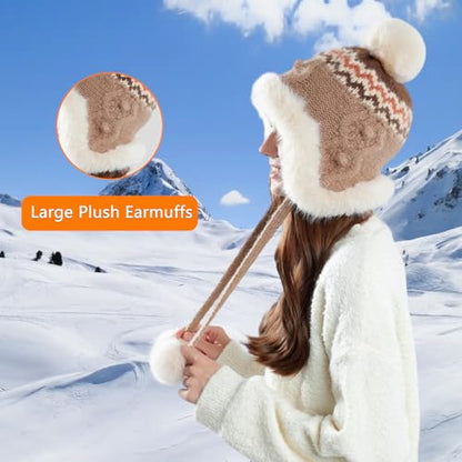 Women Winter Sherpa Beanie Hats Knit Ear Flap Hat Fleece Lined - color: Patterned Khaki
