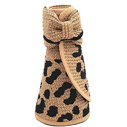 Women Sun Visors Wide Brim Foldable Packable Ponytail Beach Hat Straw Leopard Roll Up Bow Visor Sun Hats - color: Leopard