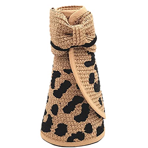 Women Sun Visors Wide Brim Foldable Packable Ponytail Beach Hat Straw Leopard Roll Up Bow Visor Sun Hats - color: Leopard
