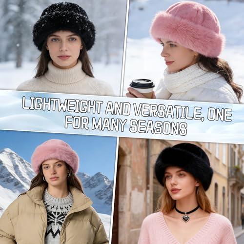 Womens Winter Faux Fur Bucket Hat,Warm Plush Fluffy Furry Mink Hats - color: Black