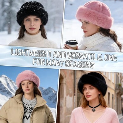 Womens Winter Faux Fur Bucket Hat,Warm Plush Fluffy Furry Mink Hats - color: Black