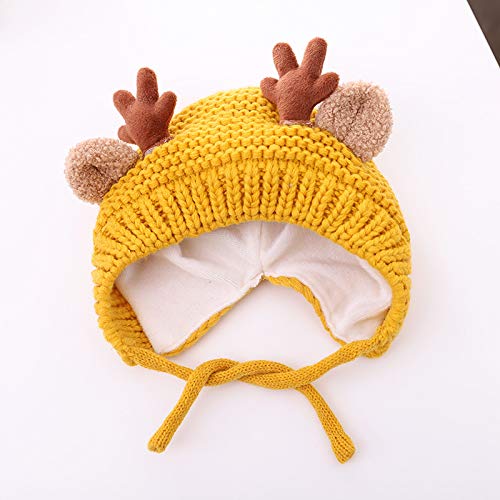 AIBEARTY Cute Deer Elk Antlers Baby Hat Winter Warm Plush Knitted Ear Warmer Bonnet Boys Girls Cap Beanie with Chin Strap - color: Yellow