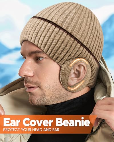 BEACE Winter Fleece Line Beanie Knit Hats with Ear Flaps for Men Women,Warm Thermal Stocking Caps for Outdoor Cold Weather - color: Beige
