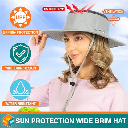 SUN CUBE Wide Brim Sun Hat for Men Women UPF 50+ UV Protection Safari Boonie Hat with Chin Strap, Pocket, Fishing Hiking Hat - color: Light Gray