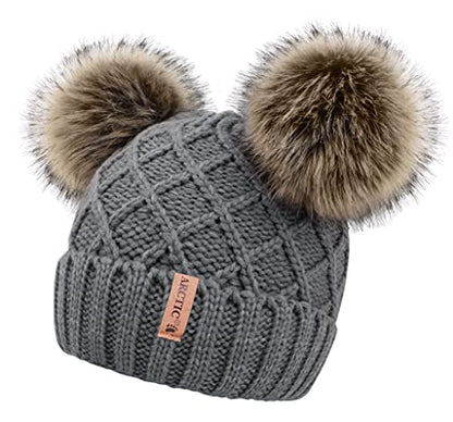 Arctic Paw Womens Winter Hat Cable Knit Beanie for Women Faux Fur Pompom Ears - color: Grey_grid