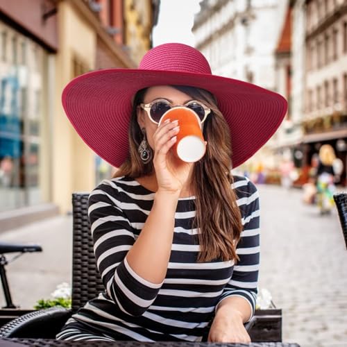 DRESHOW Big Straw Sun Hats for Women Floppy Foldable Roll up Beach Cap Sun Hat UPF 50+ Vacation Honeymoon Embroidered Hat - color: Medium Size: Rose Red / Brim 5.5" (Head Circumference 22-22.8")