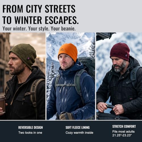 3 Pack Reversible Fleece Lined Beanie Hats for Men Women Winter Knit Hats - color: Black+khaki+red