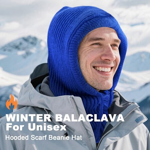 Stilldawn Hooded Scarf Beanie for Women&Men,Balaclava Winter Hat,Knit Skull Cap Neck Gaiter,Warm Premium Polyester Scarf Hat - color: Dark Blue