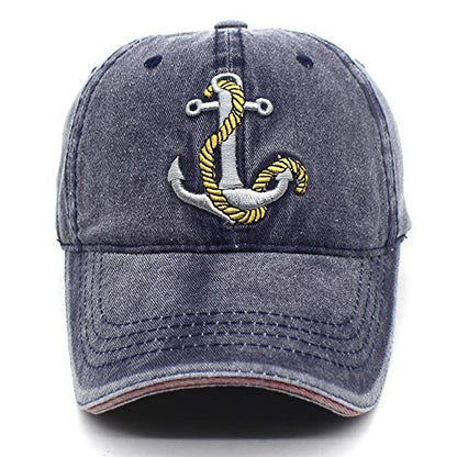 Anchor Embroidered Cotton Washed Dad Hat Distressed Retro Baseball Hat - color: Navy