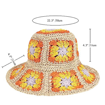 Womens Multicolor Floral Crochet Straw Sun Hat Wide Brim Summer Beach Hat - color: Orange