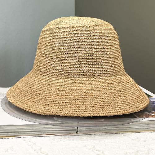 Natural Raffia Straw Bucket Hat for Women Sun Beach Handmade Raffia Woven Bucket Hat Foldable Summer Cap - color: Natural Raffia ( Brim2.4“)