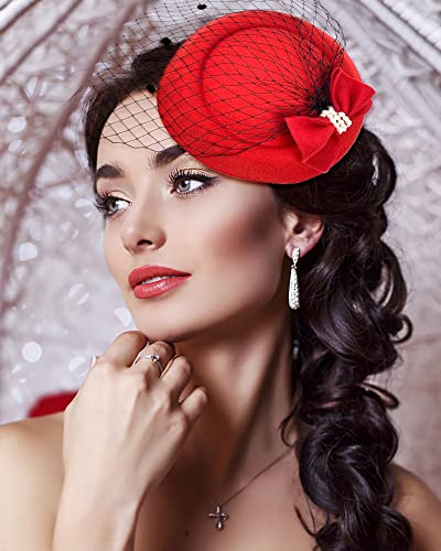 Pillbox Hat with Veil Vintage Fascinators for Women Tea Party Bridal Wedding Halloween First Communion Hats - color: Red