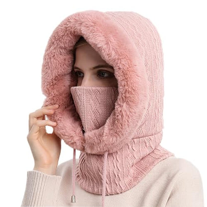 Women’s Knitted Beanie Hat with Face Cover - 3 in 1 Winter Balaclava with Mask Scarf Ear Muffs Pompom Fleece Lined Snow Caps - color: Light Pink-c