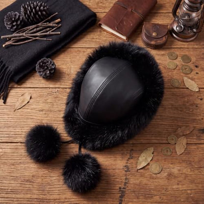 Twistover Women Fur Winter Russian Trapper Hat & Pompoms, Black Ushanka Hat