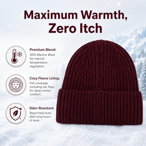 Oversize M/L/XL/XXL Merino Wool Beanie Hat for Men & Women - color: Wine, size: Medium-Large